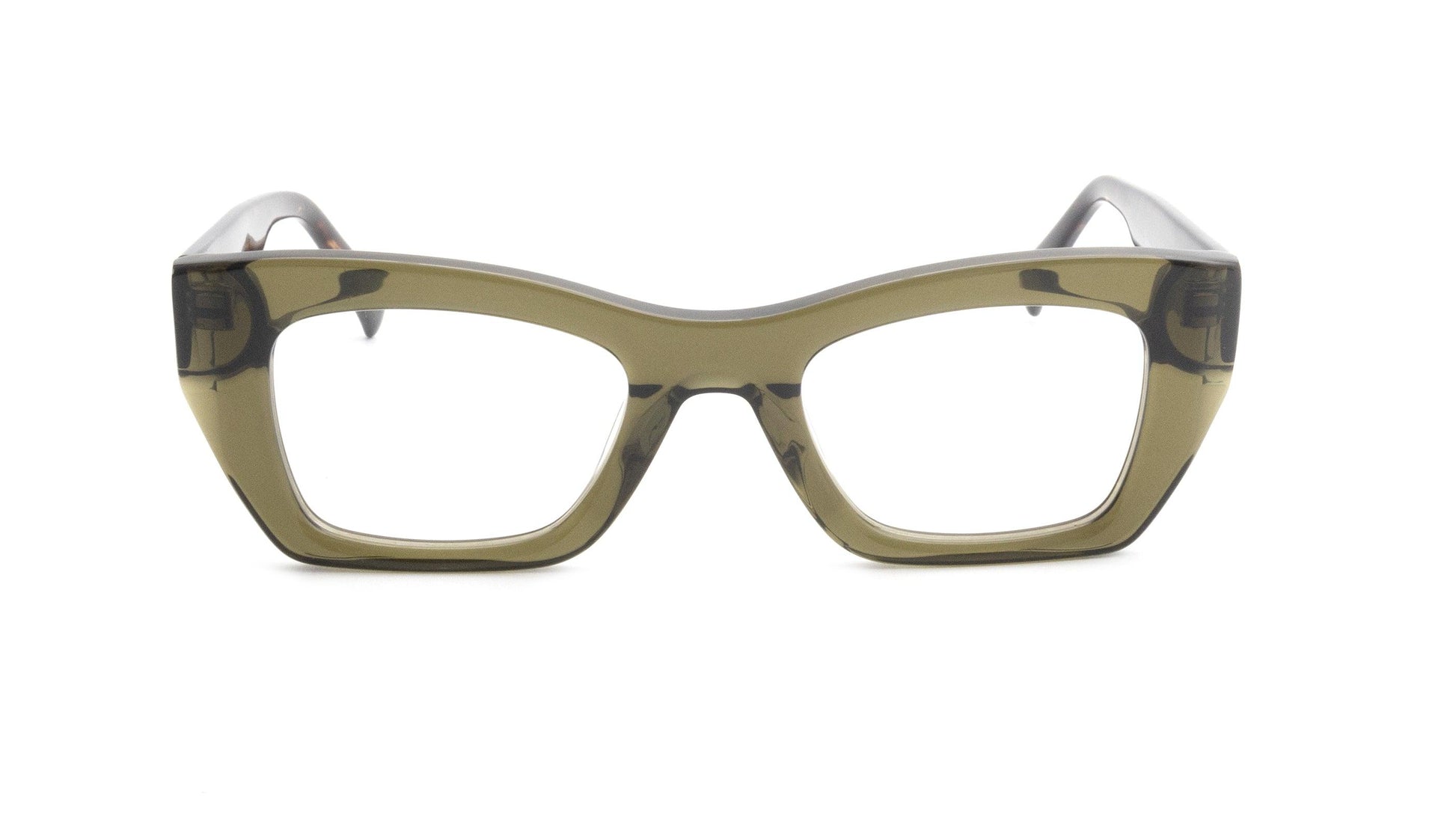 Chunky olive green rectangular eyeglass frames with wide arms