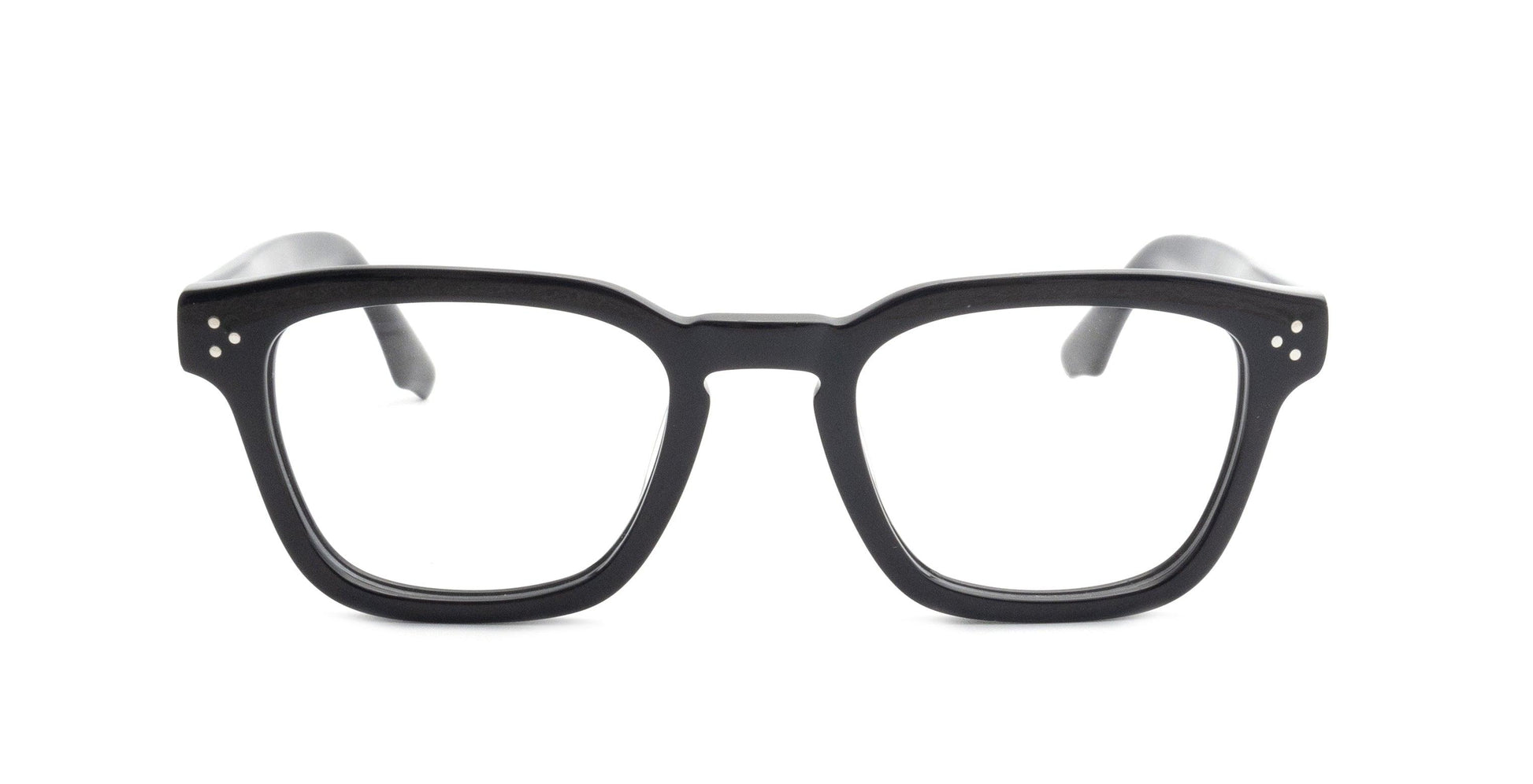 Matte black rectangular eyeglass frames with silver pin detail