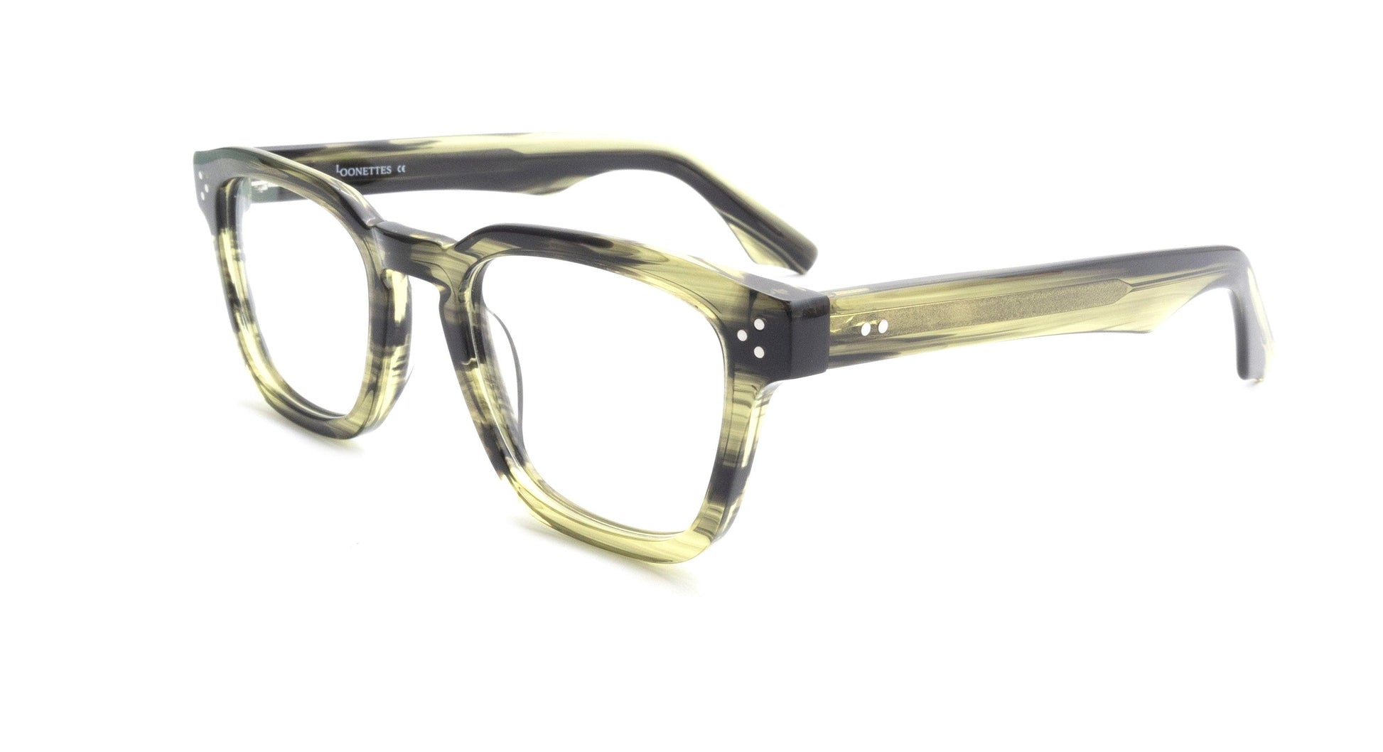 Square olive green acetate eyeglasses with black accents, silver rivets on front and temples, semi-transparent frame.