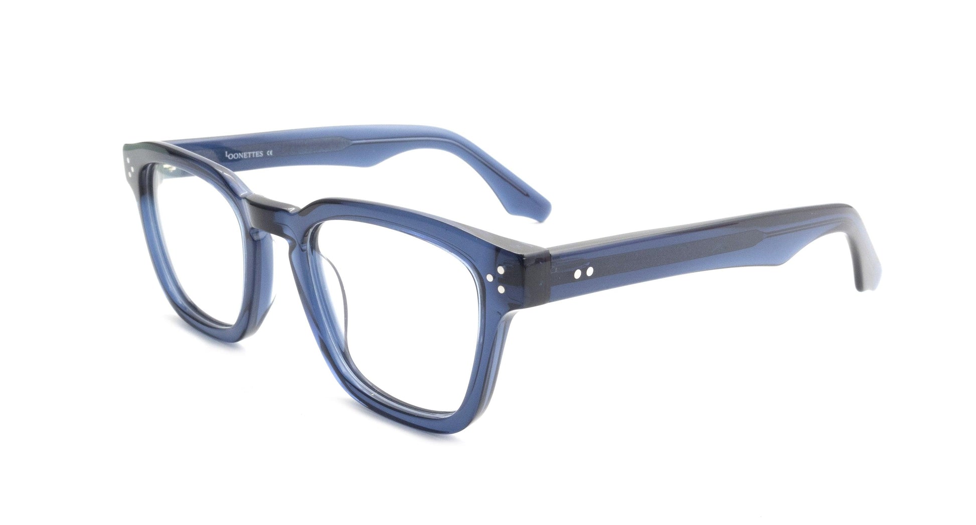 Square blue acetate eyeglasses with double silver rivets on the front and temples, semi-transparent frame.