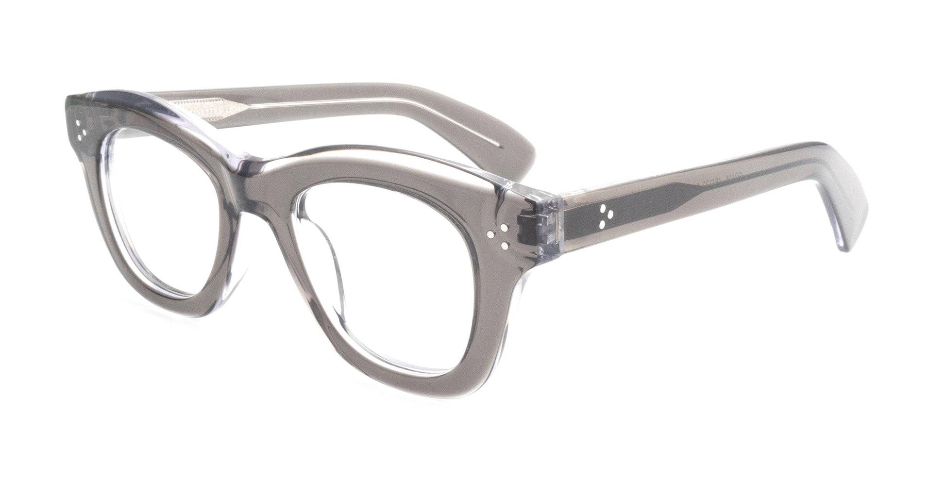 Transparent grey cat-eye glasses with bold rims