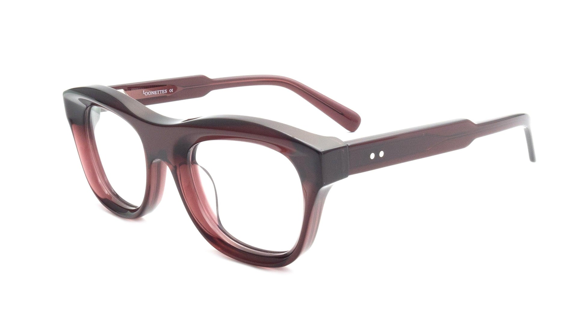 Burgundy acetate glasses with bold rectangular frames