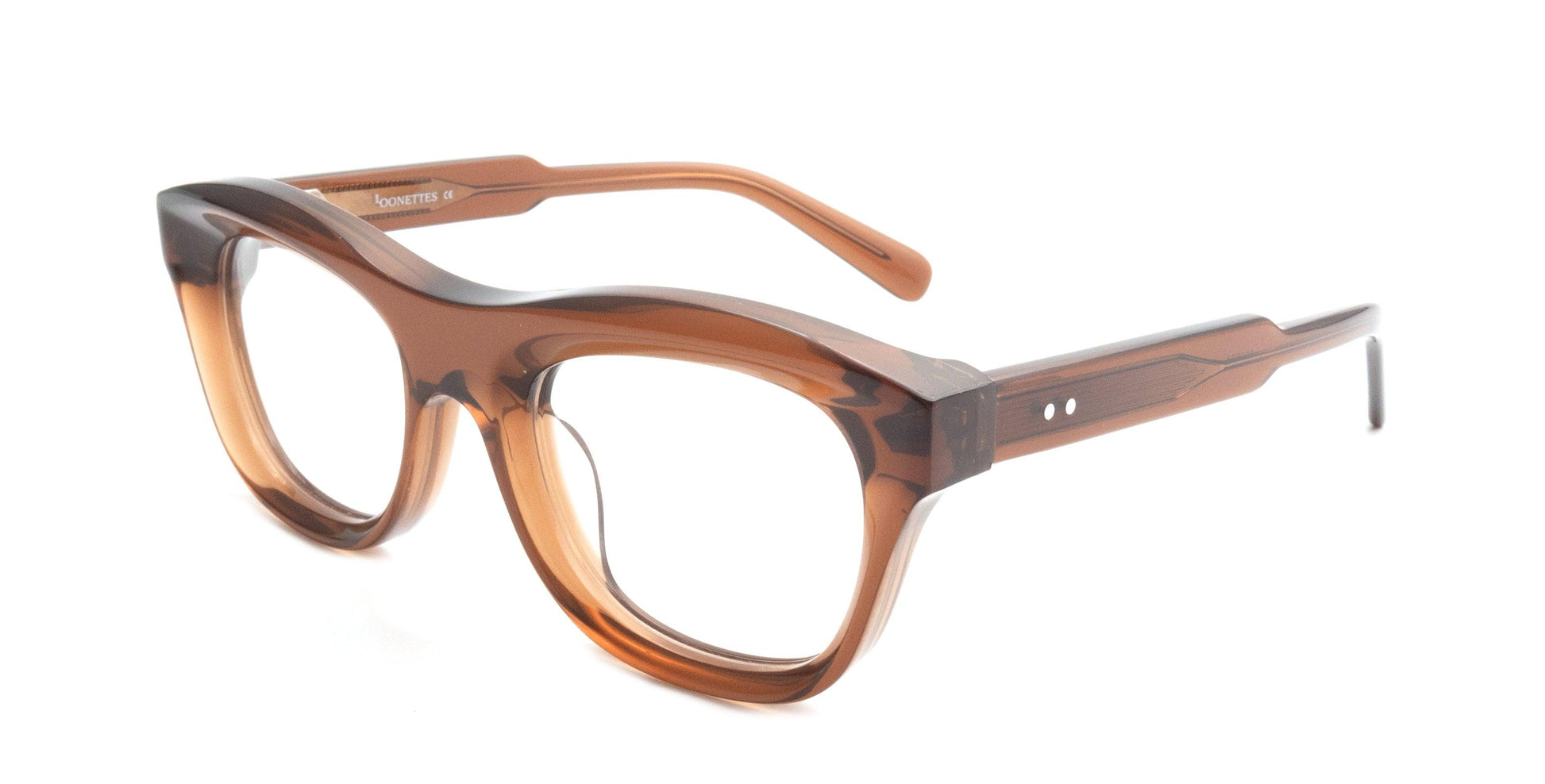 Brown acetate cat-eye eyeglasses with bold sculpted frame and clear lenses, featuring double rivet details on temples.