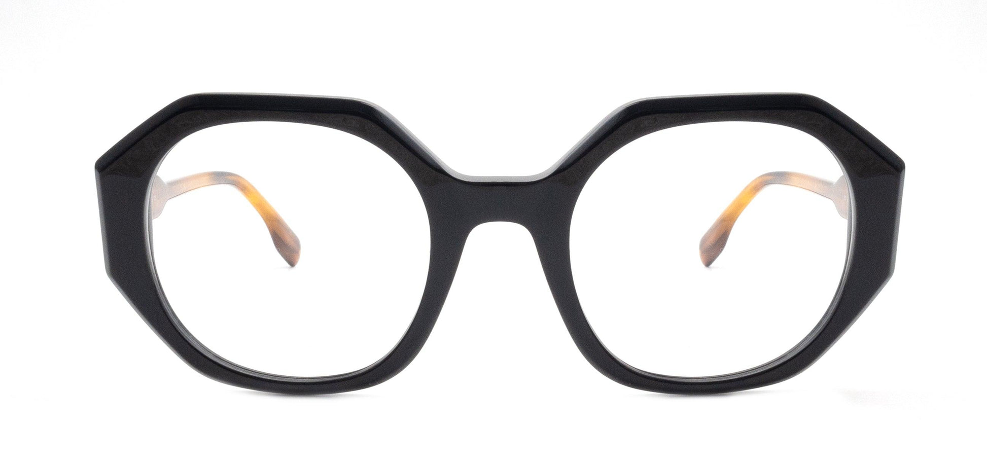 Front view of black geometric eyeglasses with round lenses