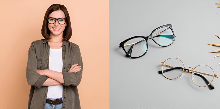 Confident woman in stylish glasses alongside trendy eyeglass frames — ideal for reglazing or replacing sunglass lenses with your own frames.